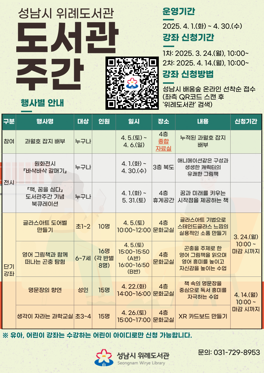 2025년 제61회 도서관주간 행사 운영 안내 행사기간: 2025. 4. 1.(화) ~ 4. 30.(수) 단기강좌 신청기간 1차(4. 5. 단기강좌): 2025. 3. 24.(월) 10:00 ~ 마감 시까지 2차(4. 22. 및 4. 26. 단기강좌): 2025. 4. 14.(월) 10:00 ~ 마감 시까지 대      상: 성남시민 (2025년 기준 나이 또는 학년) 접수방법: 성남시 평생학습 통합 플랫폼 '배움숲' 온라인 선착순 접수 https://sugang.seongnam.go.kr/ ※ 반드시 수강생 본인의 ID로 신청해야 합니다. (어린이 강좌의 경우 어린이 본인의 ID로 신청) 문의전화: 031-729-8953 각 강좌별 자세한 강의 내용은 '배움숲' 강의계획서를 꼭 참고해주세요. 상기 일정 및 내용은 사정에 따라 변경될 수 있습니다. 운영안내      구 분  행 사 명  내 용  장 소  대 상  운영일시  참 여  과월호 잡지 배부  2025년 도서관 주간을 맞이해 과월호 잡지 배부  4층 종합자료실  누구나  4.5.(토)~ 4.6.(일)  원화 전시  『바삭바삭 갈매기』 (한림출판사)  애니메이션같은 구성과 생생한 캐릭터의 유쾌한 그림책  3층 복도  누구나  4.1.(화)~ 4.30.(수)  북큐레이션	 『책, 꿈을 심다』  꿈과 미래를 키우는 시작점을 제공하는 책  4층 휴게공간  누구나  4.1.(화)~  5.31.(토) 단기 강좌  글라스아트 도어벨 만들기  글라스아트 기법으로 스테인드글라스 느낌의 실용적인 소품 만들기  문화교실  초1-2  10명  4.5.(토) 10:00-12:00  영어 그림책과 함께 떠나는 곤충 탐험  곤충을 주제로 한 영어 그림책을 읽으며 영어 흥미를 높이고 자신감을 향상시키는 수업  문화교실  6~7세 16명 (각 반별 8명)  4.5.(토) 15:00-15:50 (A반) 16:00-16:50 (B반)  명문장의 향연  책 속의 명문장을 중심으로 독서 흥미를 자극하는 수업  문화교실  성인 15명  4.22.(화) 14:00-16:00  생각이 자라는 과학교실 (XR 카드보드 만들기)  확장형 질문을 통해 창의적 사고를 유도하며 학생 스스로 창의적 결과물을 만드는 수업  문화교실  성인  10명  4.25.(목) 10:00-12:00