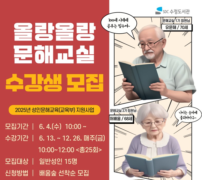 2025년 성인문해교육(교육부) 지원사업
<올랑올랑 문해교실 수강생 모집> 
- 모집기간: 6. 4.(수) 10:00~
- 수강기간: 6.13.~12.26., 매주(금) 10:00~12:00 <총25회>
- 모집대상: 일반 성인 15명
- 신청방법: 배움숲 선착순 모집
- 주요내용
   1.  생활문해교육: 읽기, 듣기, 말하기  등  문화 문해교실 / 사랑이 담긴 우리 문화, 문해 백일장 등
   2. 인생레시피 특별 활동: 나만의 문집 제작, 수채캘리그래피 / 쪽물이 넘실넘실 등  다양한 독후 활동
   3. 현장 학습: 풀짚공예박물관 전통모시빗자루 만들기 / 디지털 배움터 등 현장 학습
- 문의: 031-724-0627